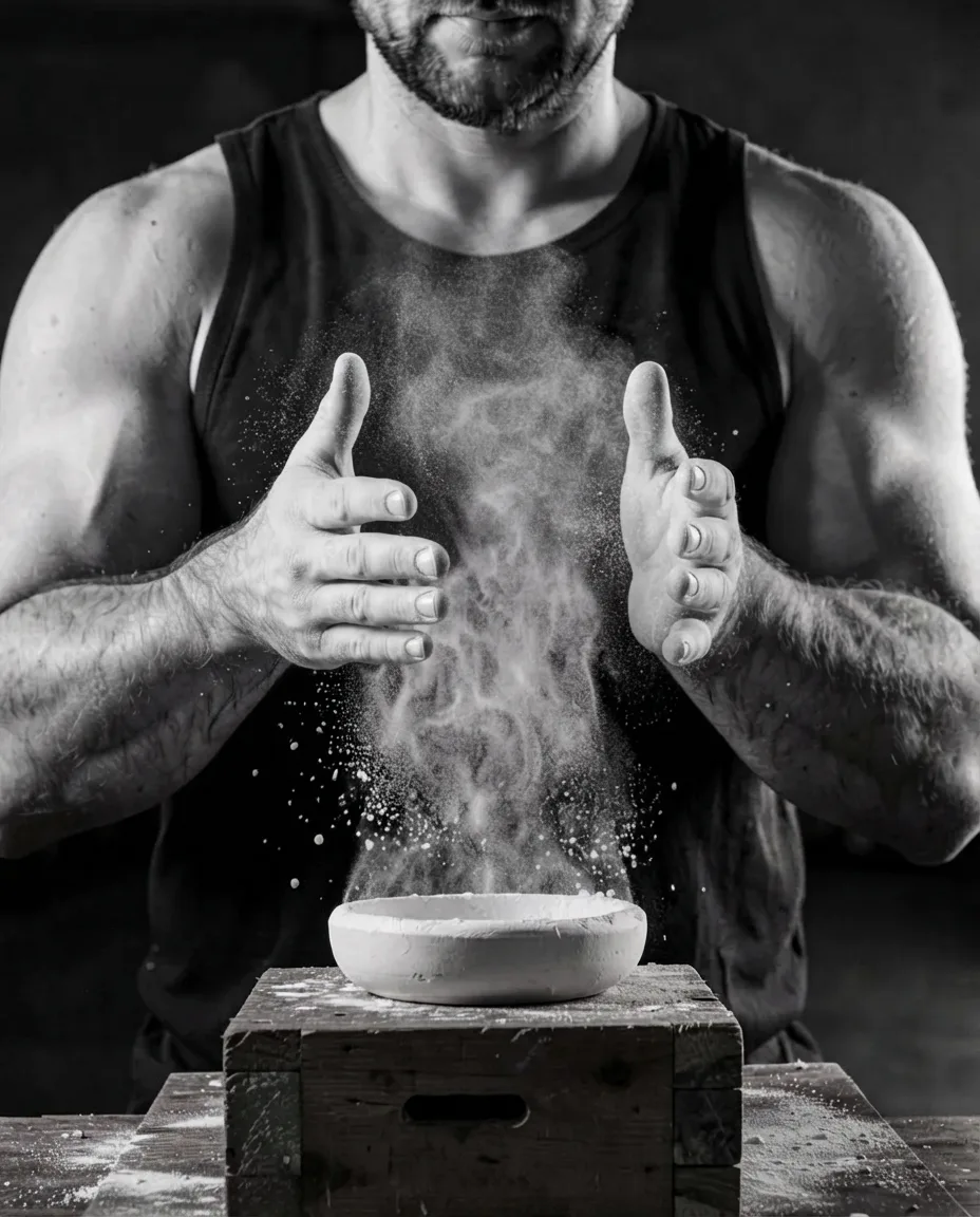 Theo clapping chalk onto his hands over the chalk bowl