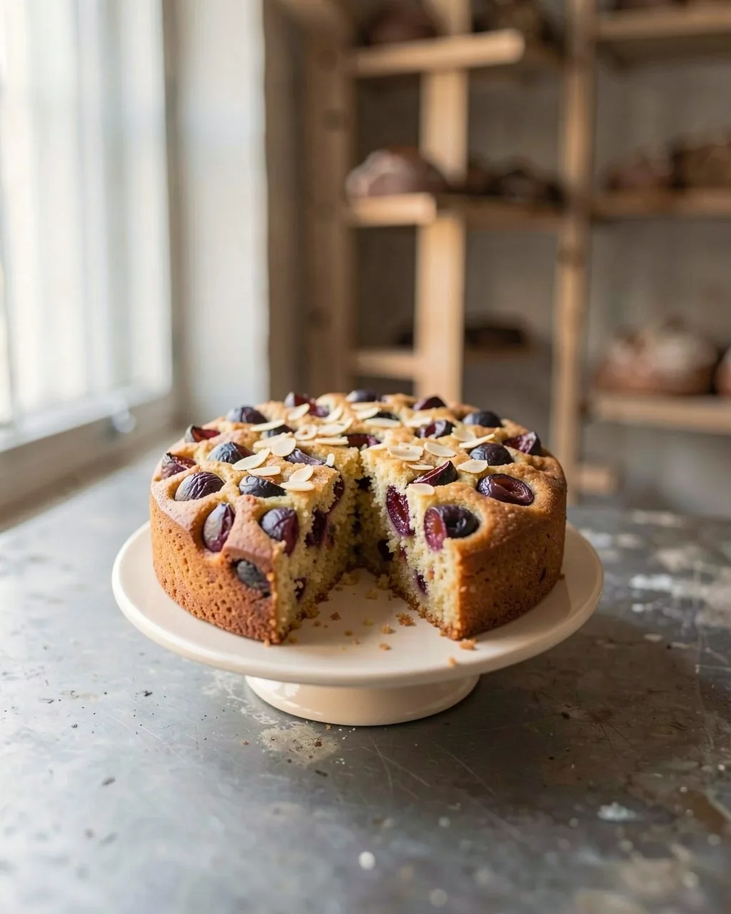 A plum and almond cake on a cream cake stand, one slice cut