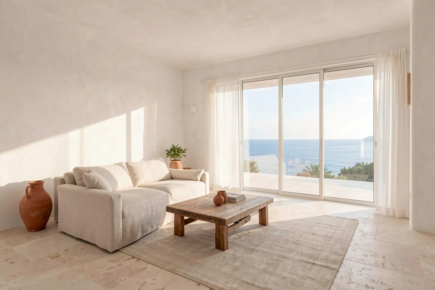 A bright living room with the sea through tall glass doors