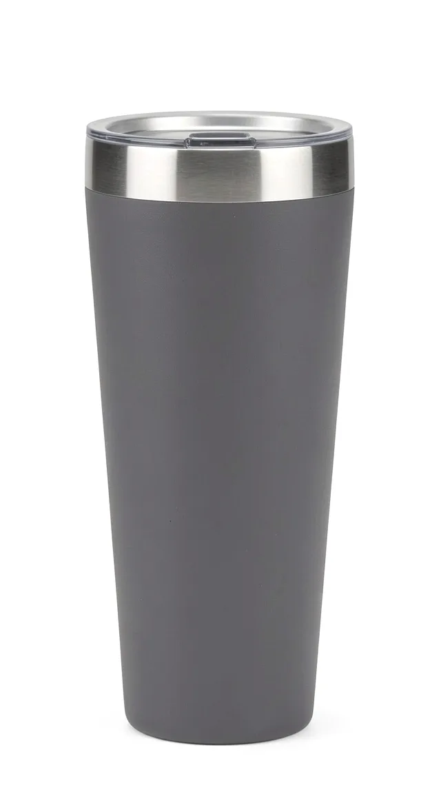The travel tumbler in charcoal with a steel lid