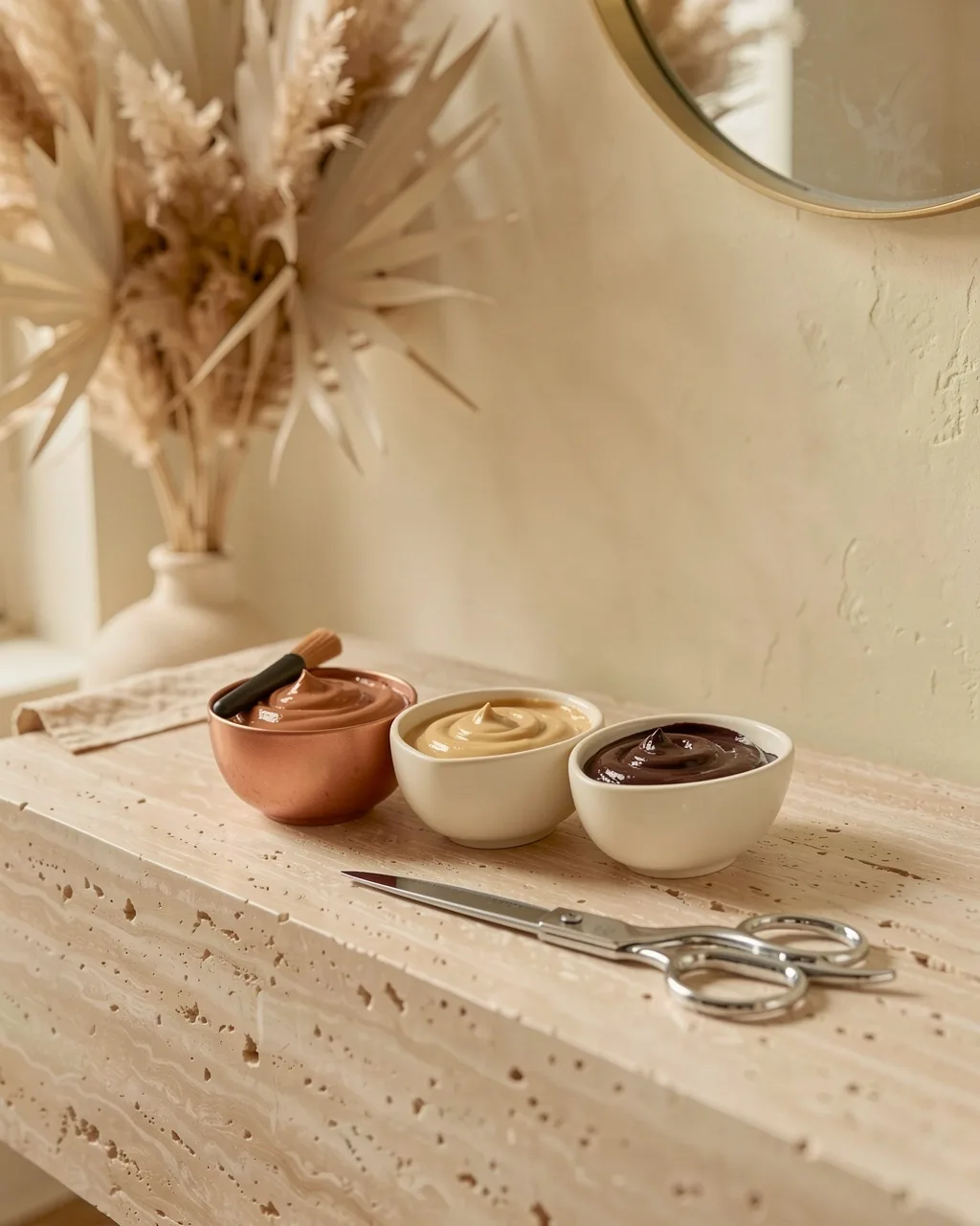 Three bowls of hair colour, copper, honey and chestnut, beside a pair of scissors on the travertine ledge