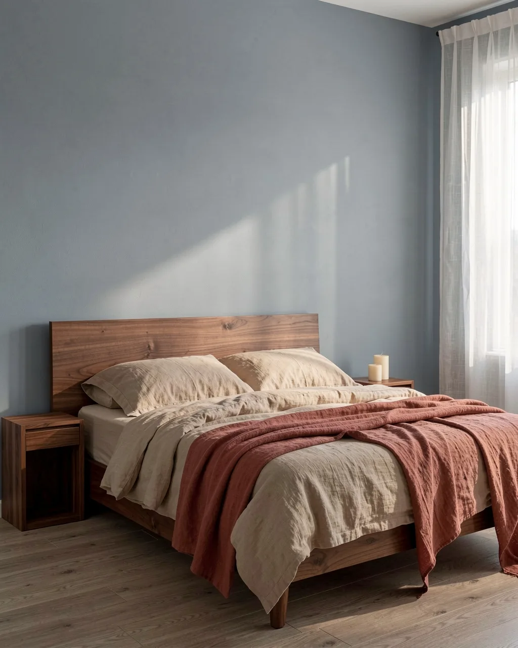 A low walnut bed made up in oatmeal linen with a rust throw