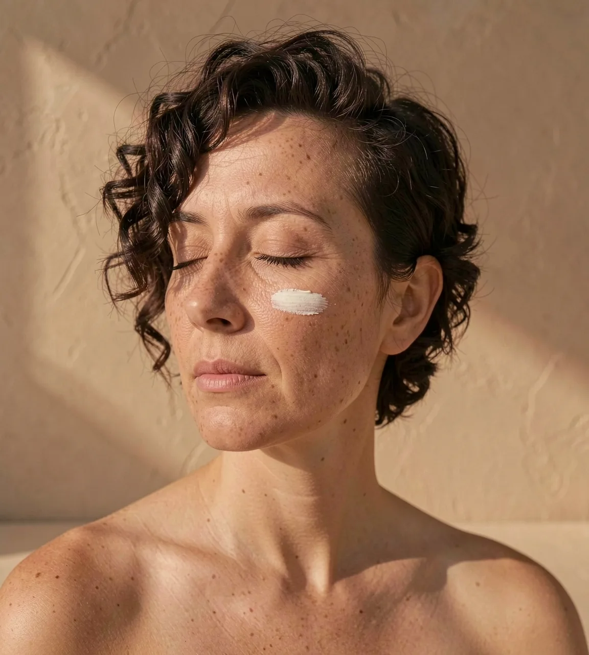 A woman with her eyes closed and a stroke of cream on her cheek