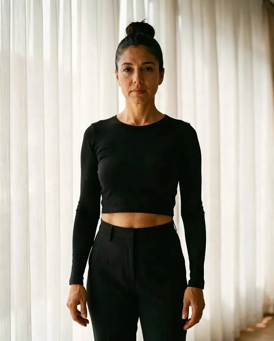 Marisol Vega in a black long-sleeve top in front of sheer curtains