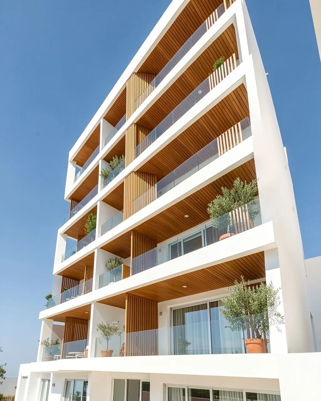 A white apartment block with timber balconies