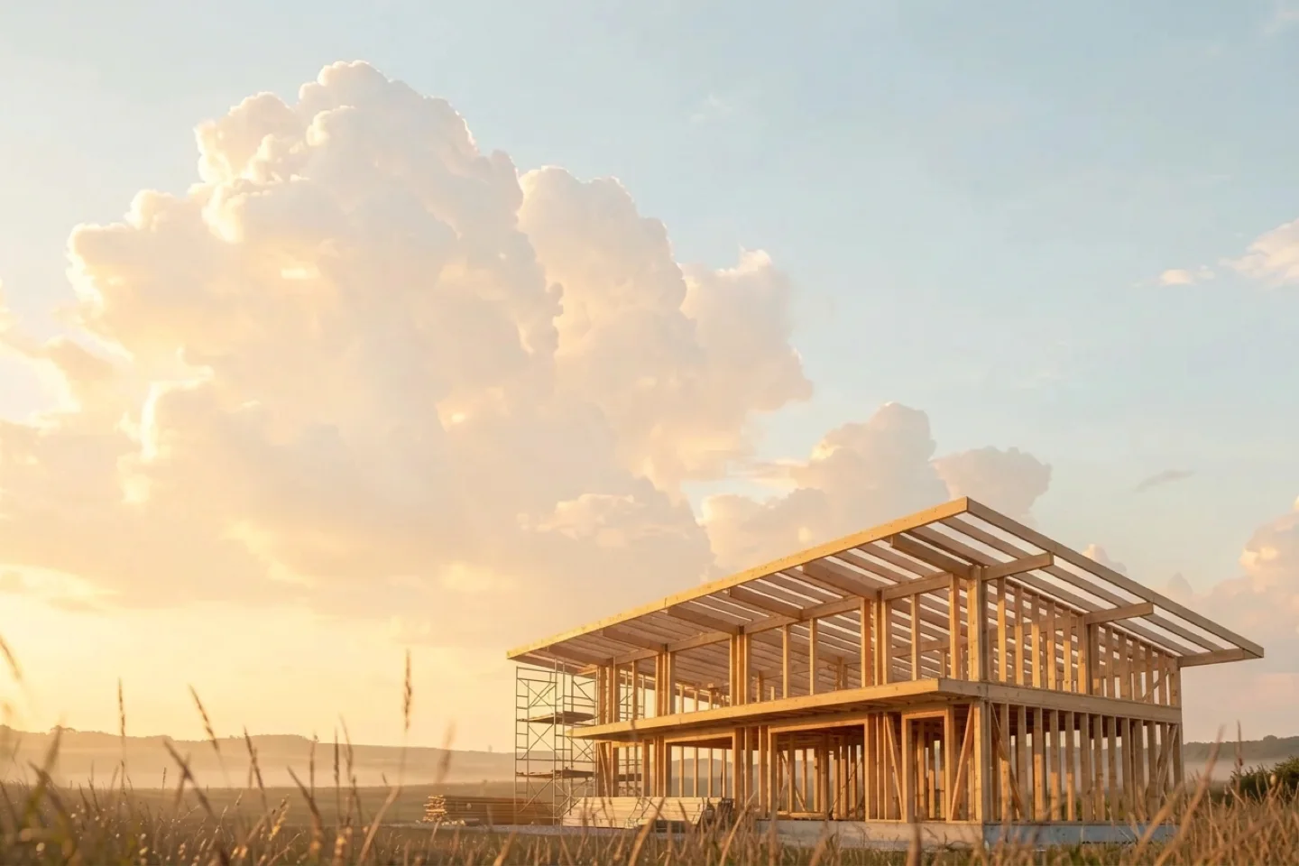 The house's timber frame going up on its slab