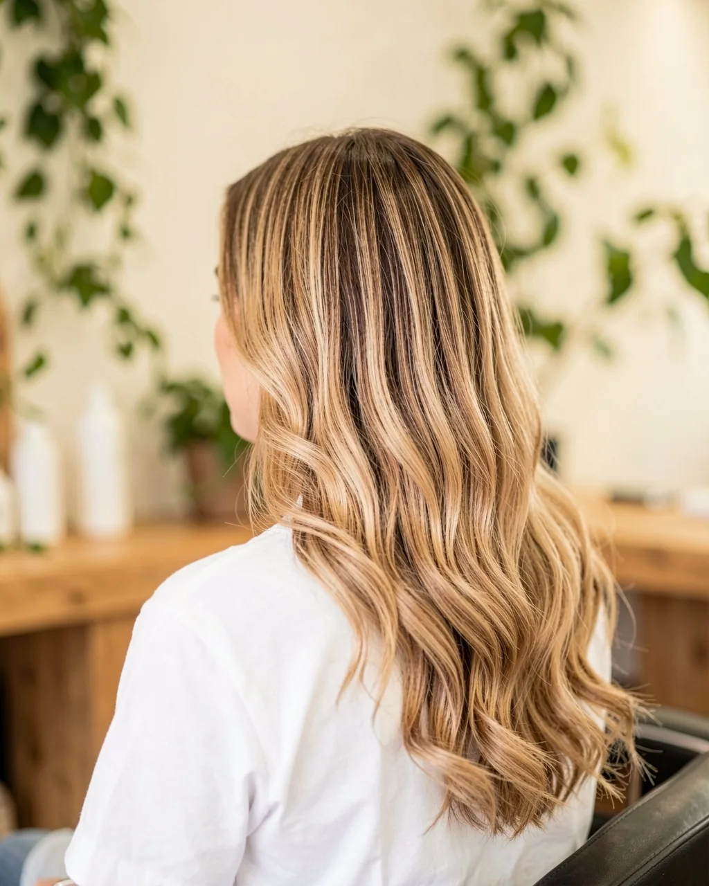 Soft waves of honey balayage falling over a white shirt