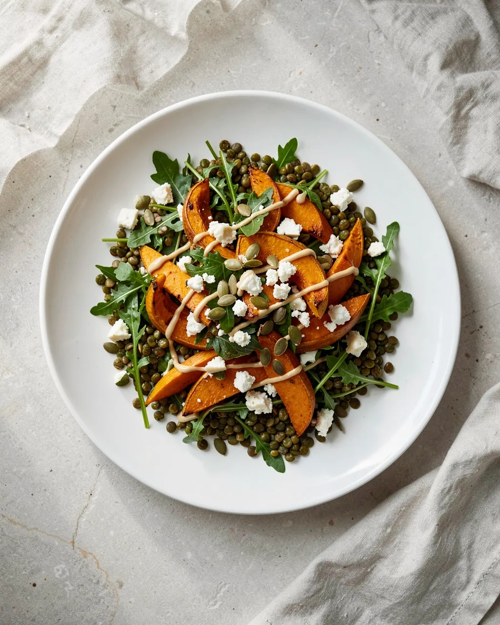 Roast squash on green lentils with rocket, feta and pumpkin seeds