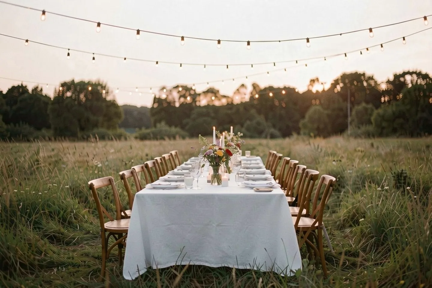 A long table with candles and wild flowers in a meadow at dusk