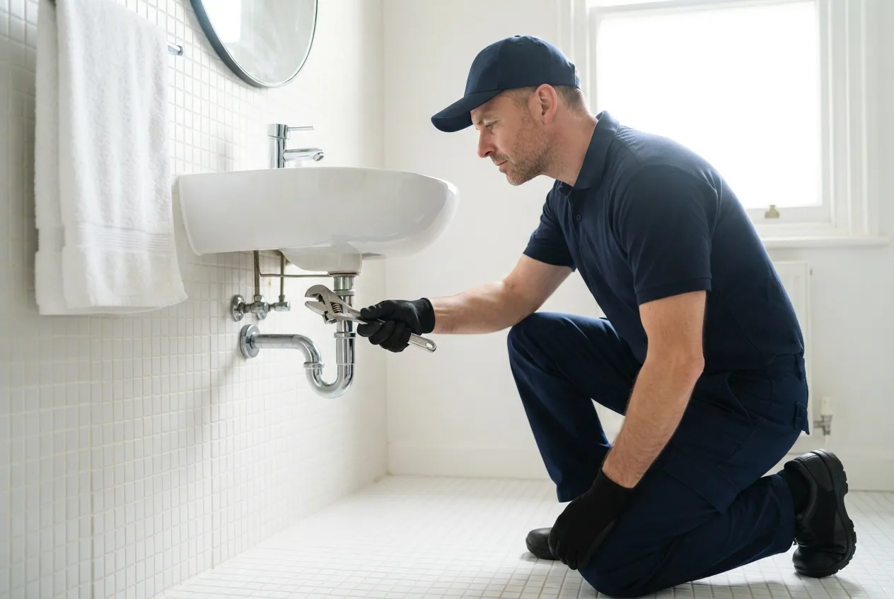 A plumber fitting a new waste under a wall-hung basin