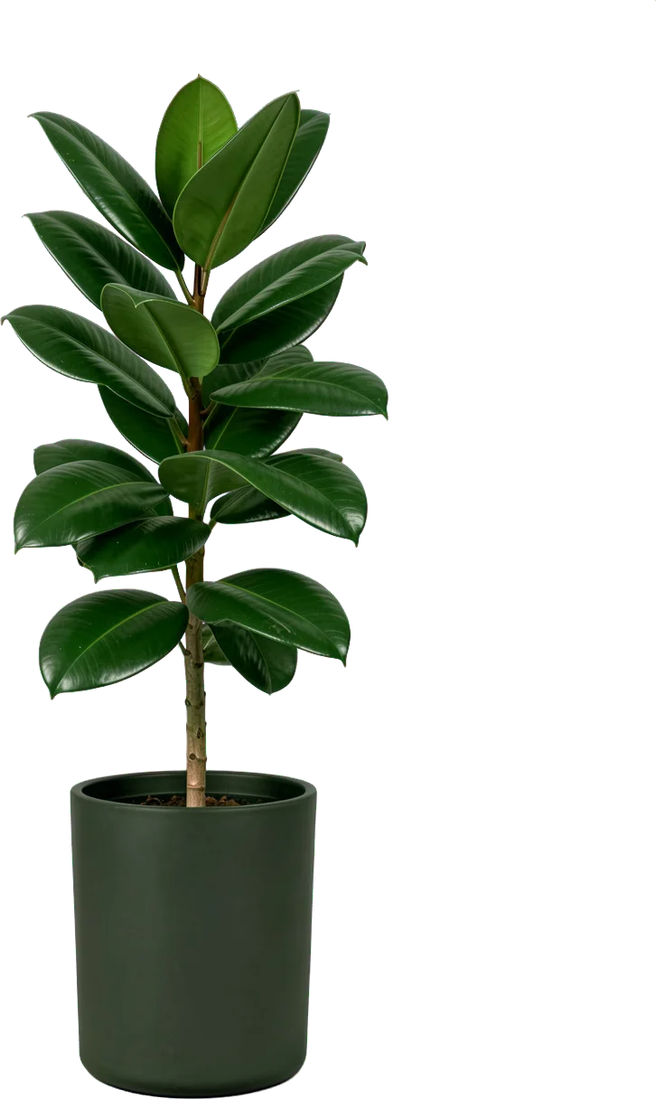 A young rubber plant with glossy dark leaves in a charcoal cylinder