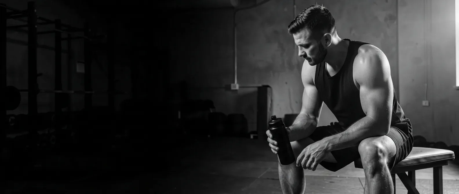 Theo resting on a bench between sets, water bottle in hand