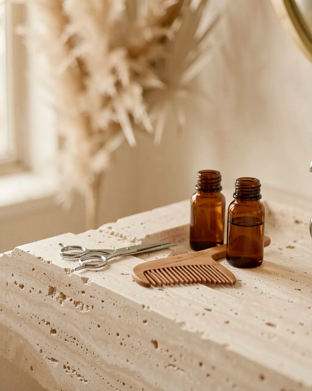 Steel scissors, a wooden comb and two amber bottles on the travertine ledge