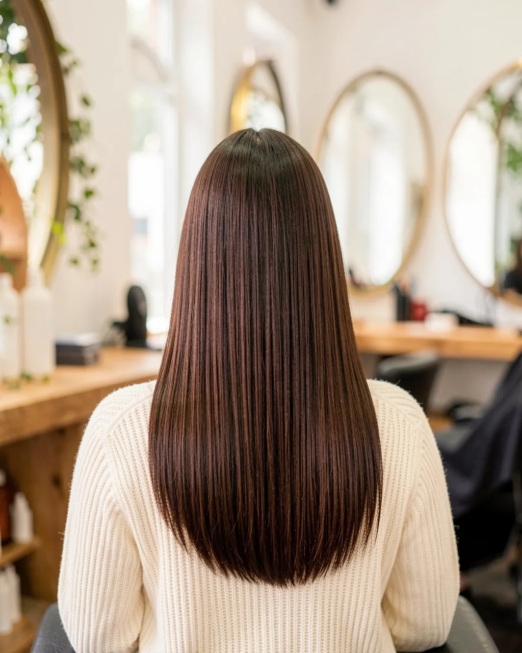 Long, straight, glossy brown hair seen from behind