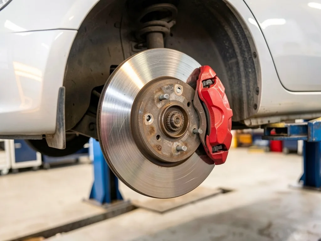 A new brake disc and red caliper on a car with its wheel off