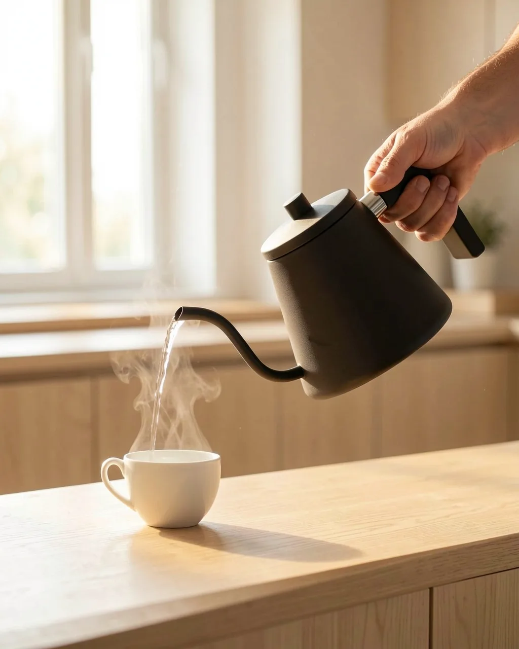 Pouring from the kettle into a white cup in a sunlit kitchen