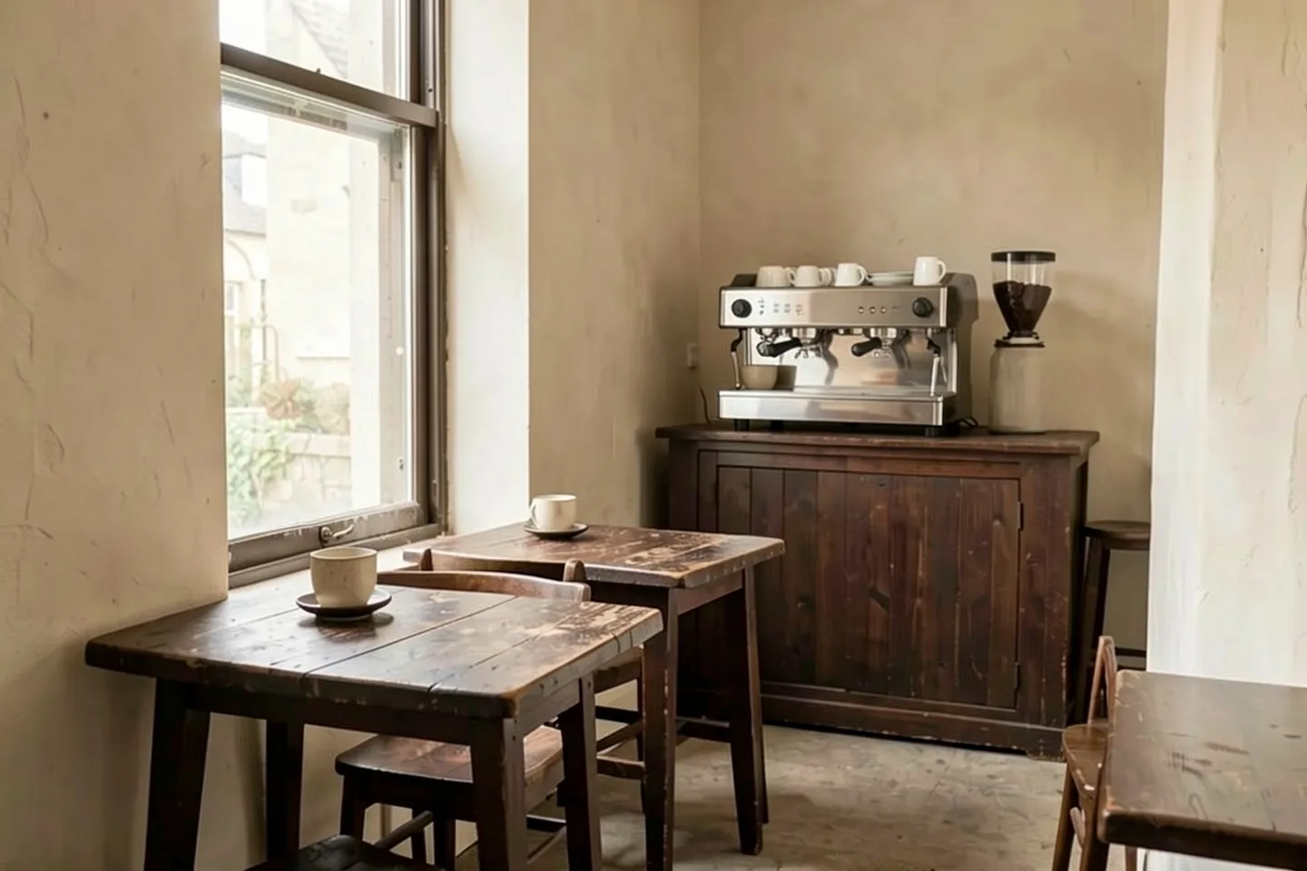 Two wooden tables by the café window and the espresso machine on the counter