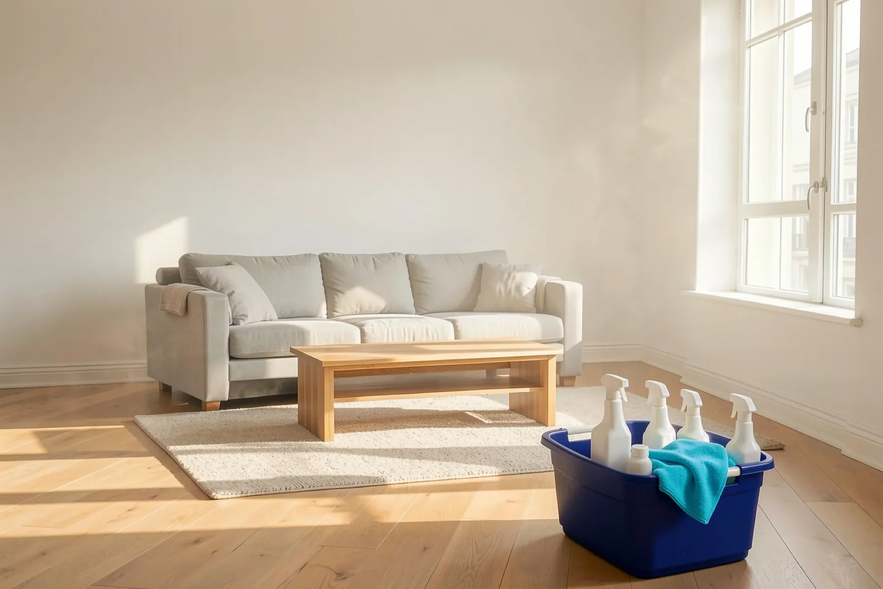 A freshly cleaned living room with a cleaning caddy on the oak floor