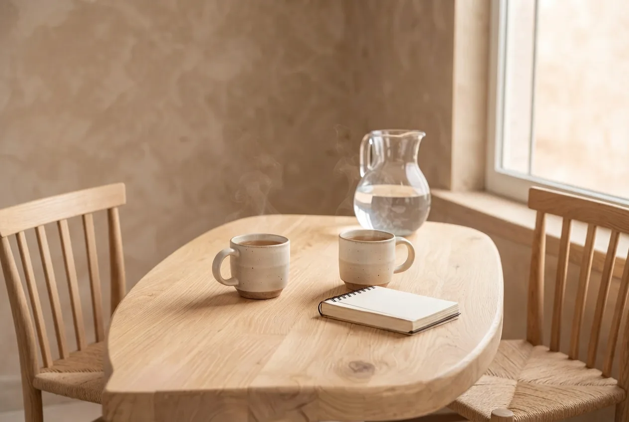 The consultation table, set with two cups of tea