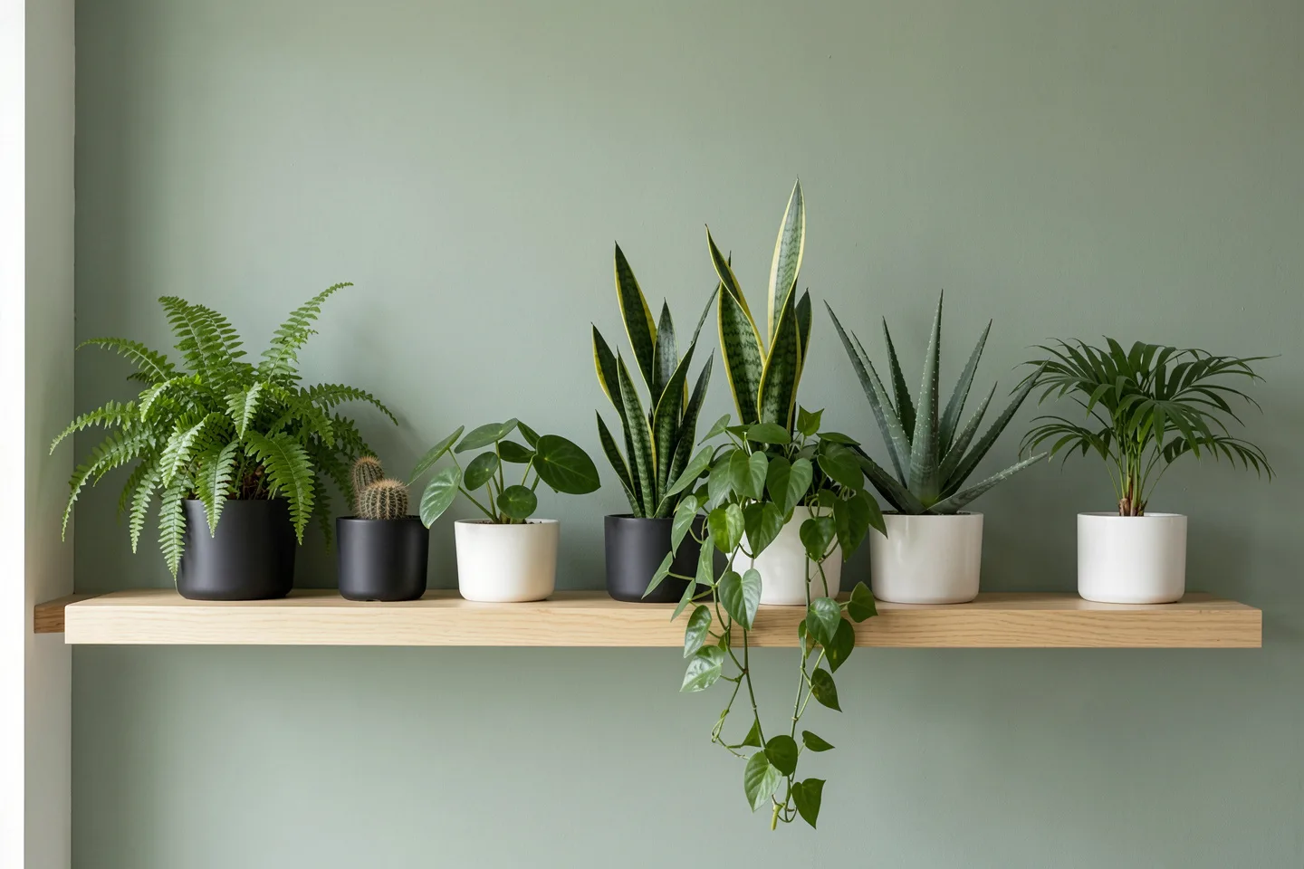 Potted fern, cactus, pilea, snake plant, pothos, aloe and palm in charcoal and white pots on an oak shelf against a sage wall