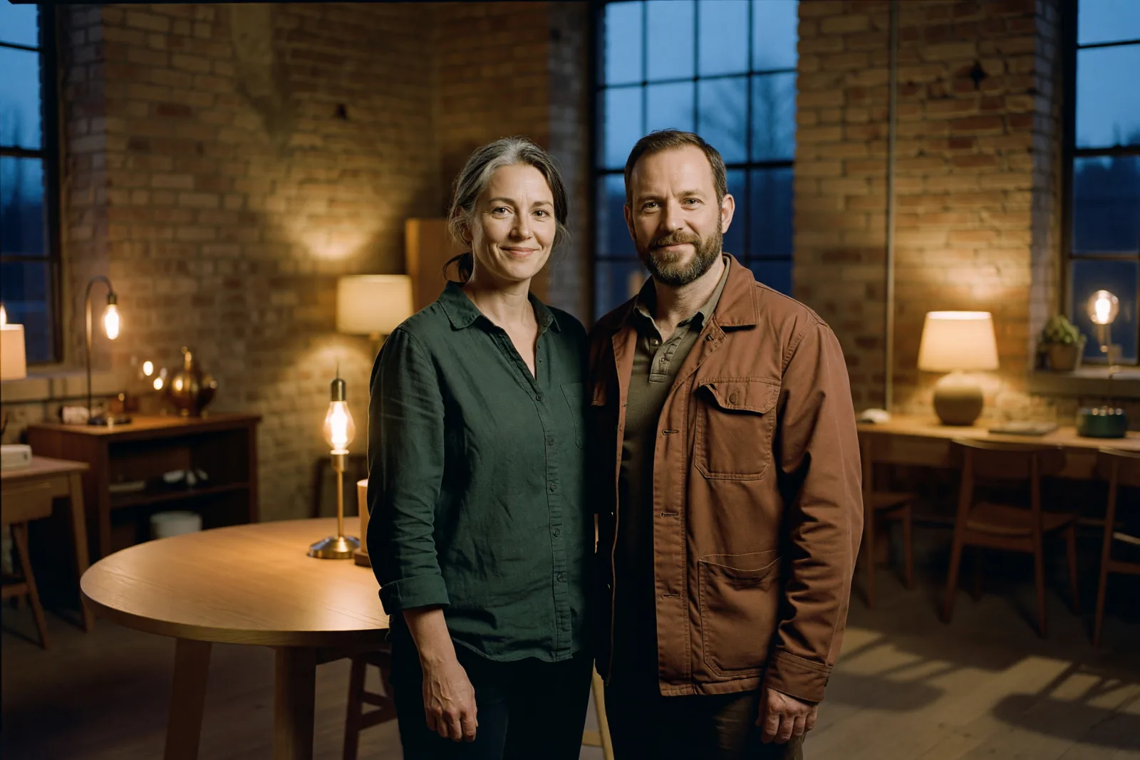 The two owners standing beside an oak table in the showroom