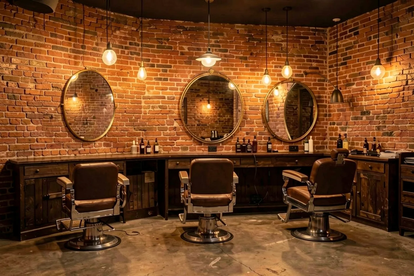 Three leather barber chairs under round mirrors on a brick wall