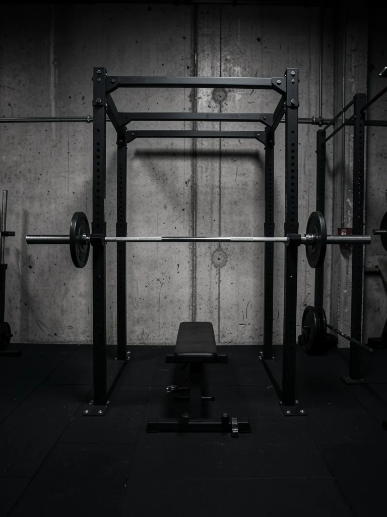 The power rack with a bench and an empty bar