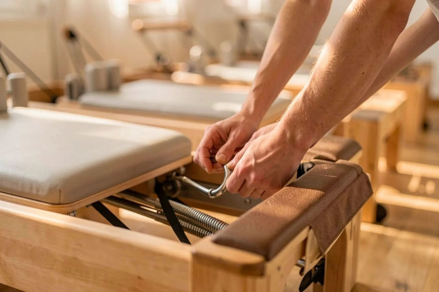 A teacher's hands setting the springs on a reformer