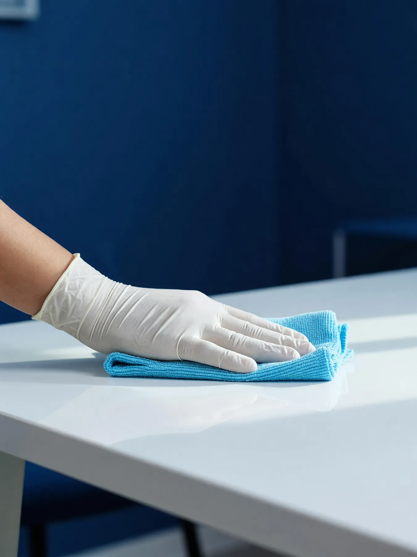 A gloved hand wiping a white table with a cyan cloth
