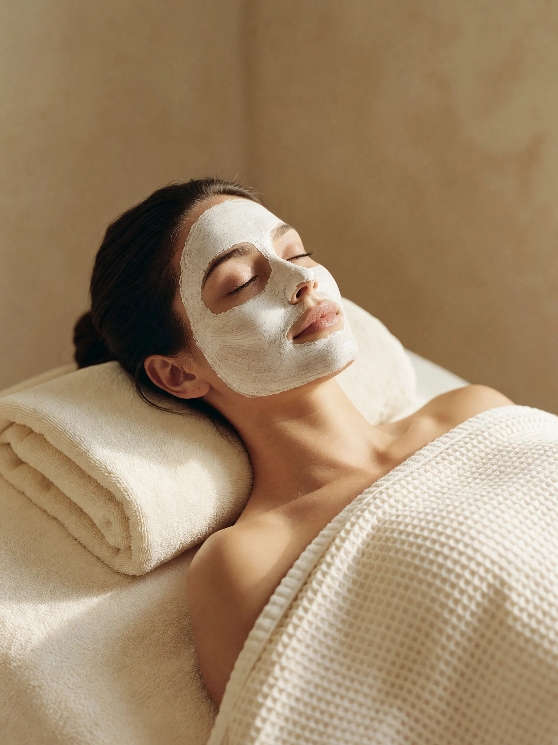 A guest resting on a towel with a white clay mask on her face