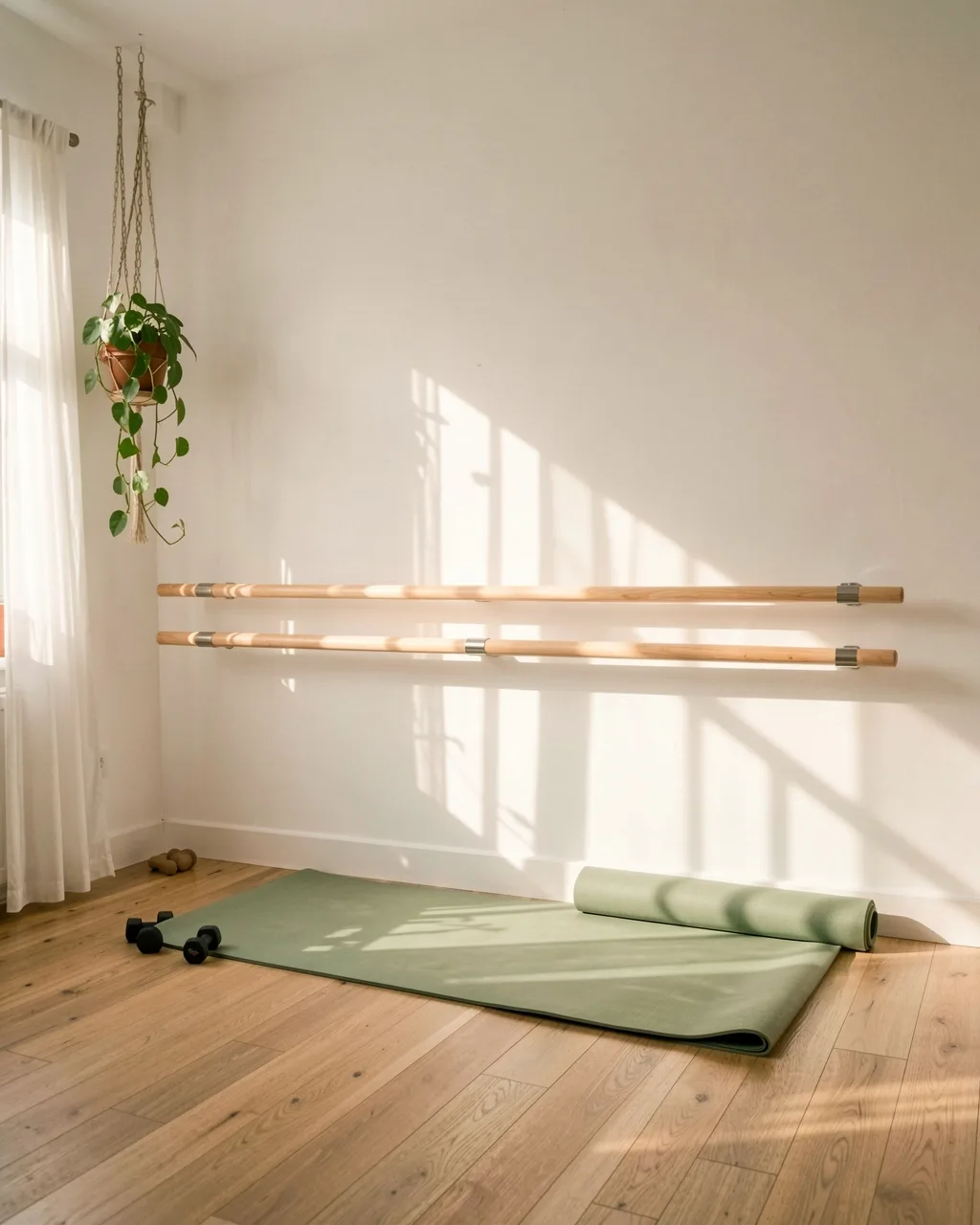 A wooden barre on the studio wall in morning sun
