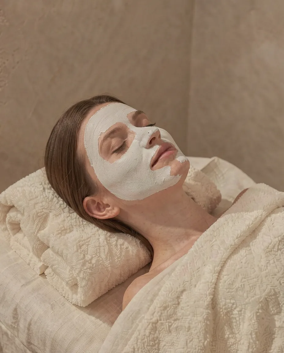 A guest resting while a white clay mask sets