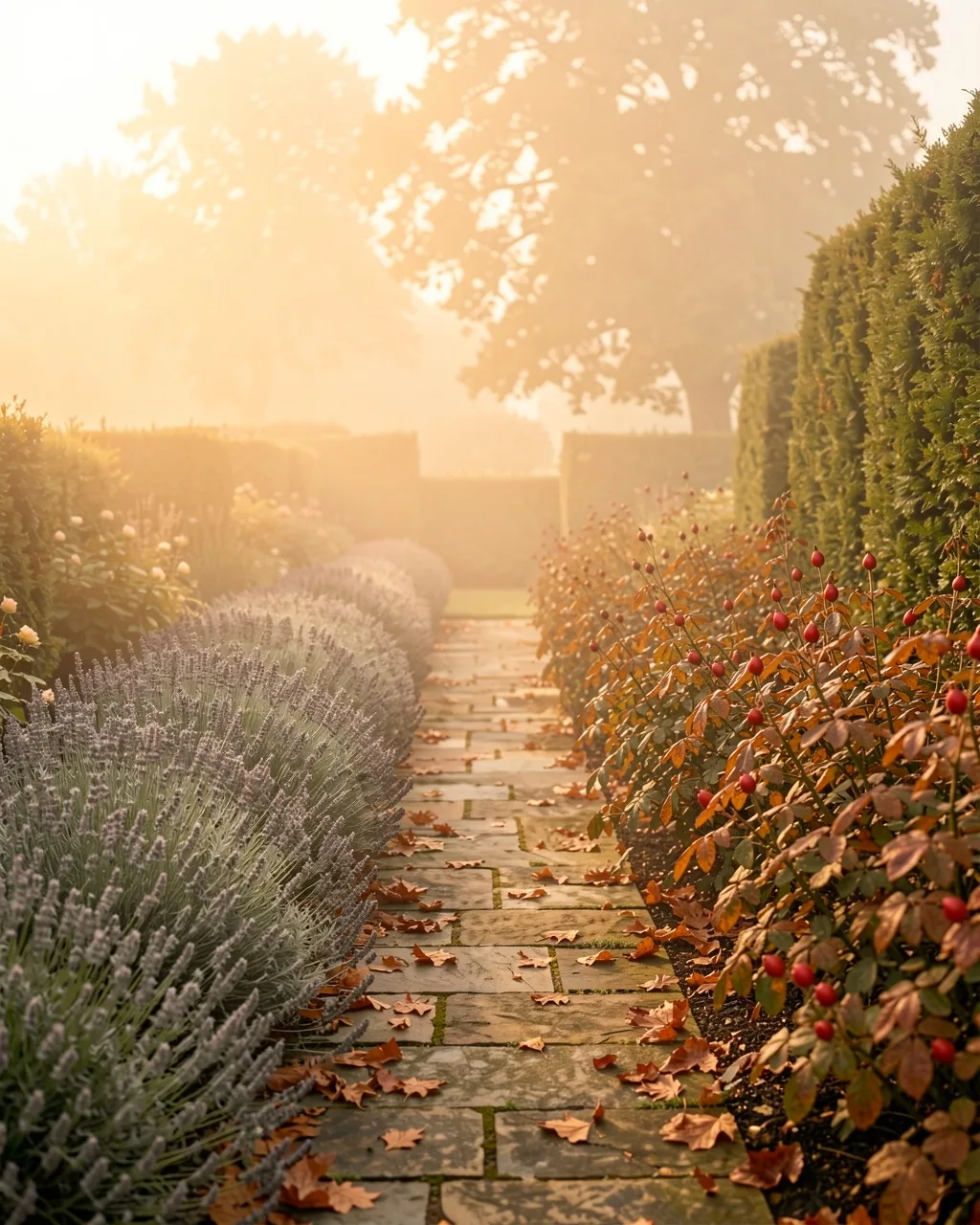 The lavender walk in autumn, with rose hips and fallen leaves