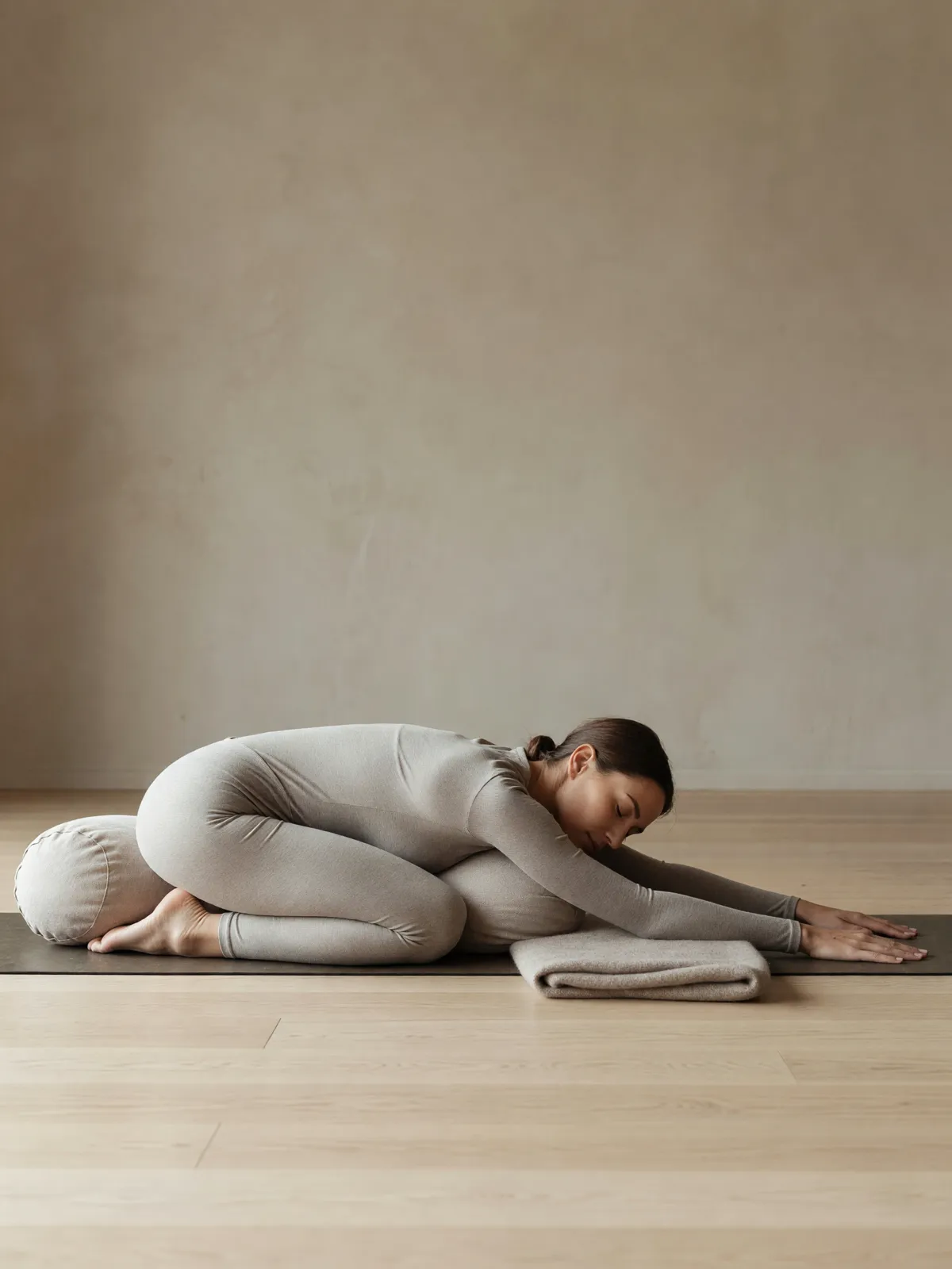 A woman resting in child's pose over a linen bolster
