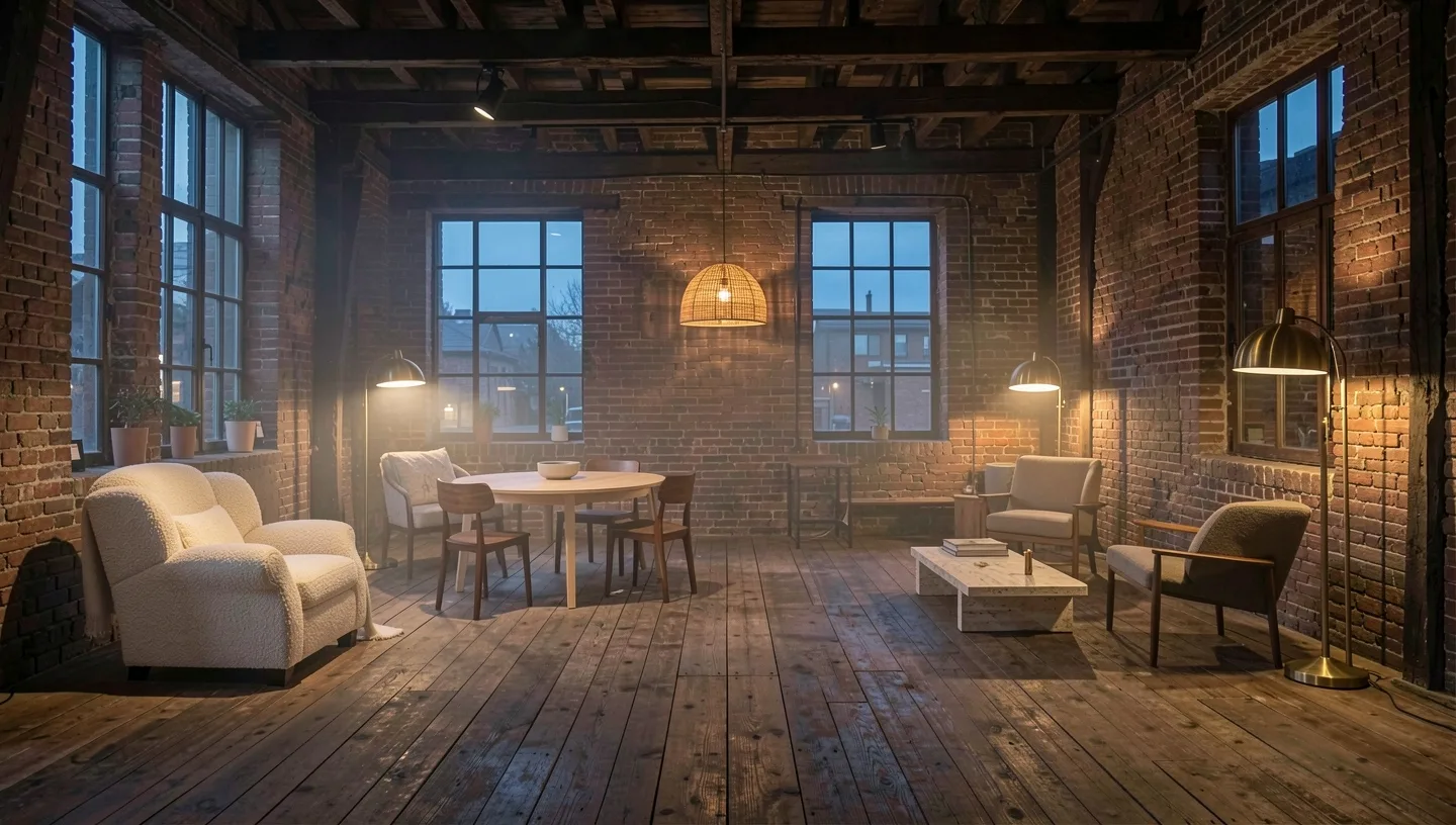 The showroom in a brick warehouse at dusk, lamps lit among chairs and tables