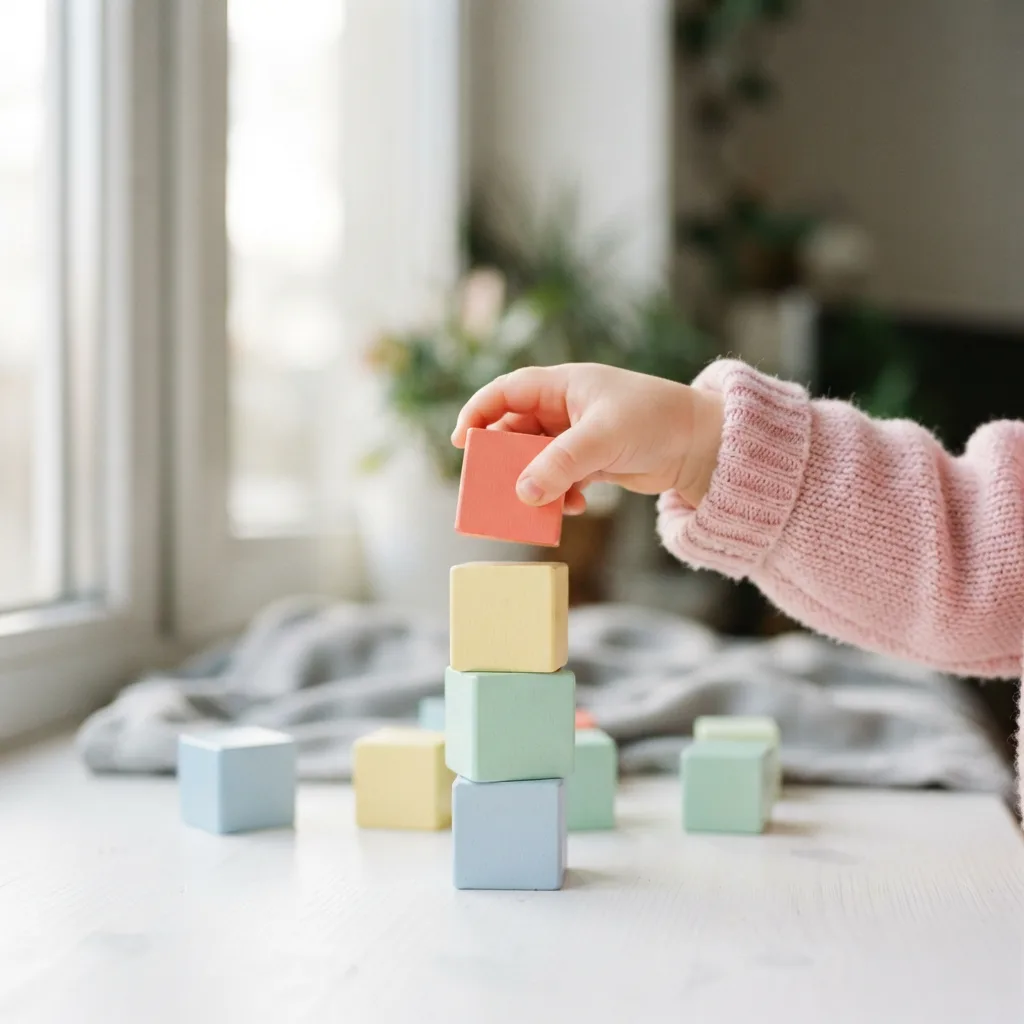 A toddler's hand stacking pastel wooden blocks