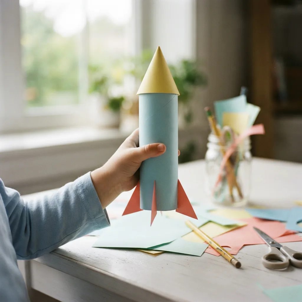 A child's hand holding a paper rocket with a yellow nose