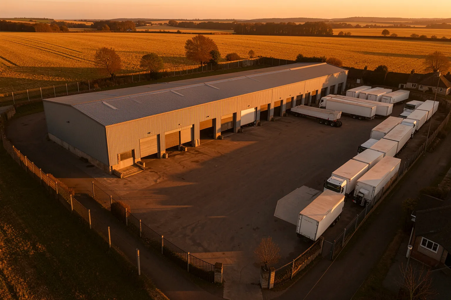 Our Leicester depot from above, trailers lined up in the yard at sunset