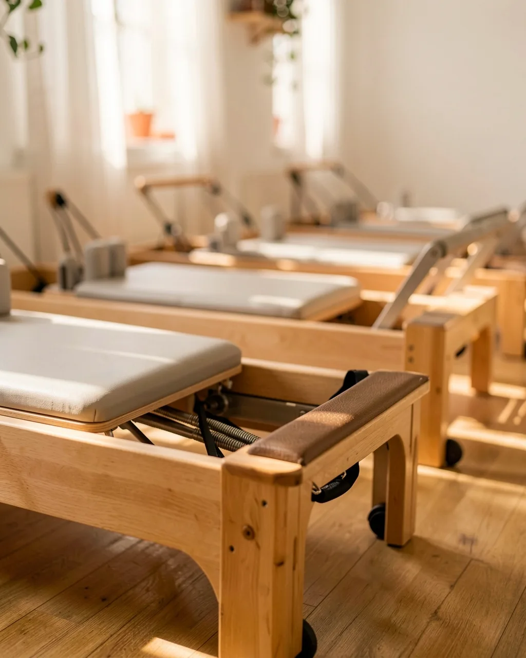 A reformer's carriage, springs and straps up close