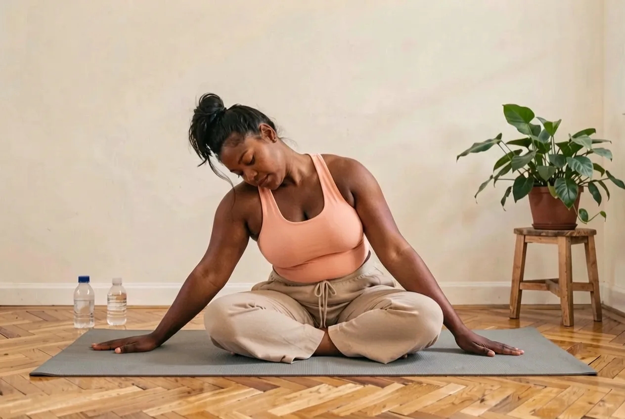 A dancer in a side stretch on a mat, a plant beside her
