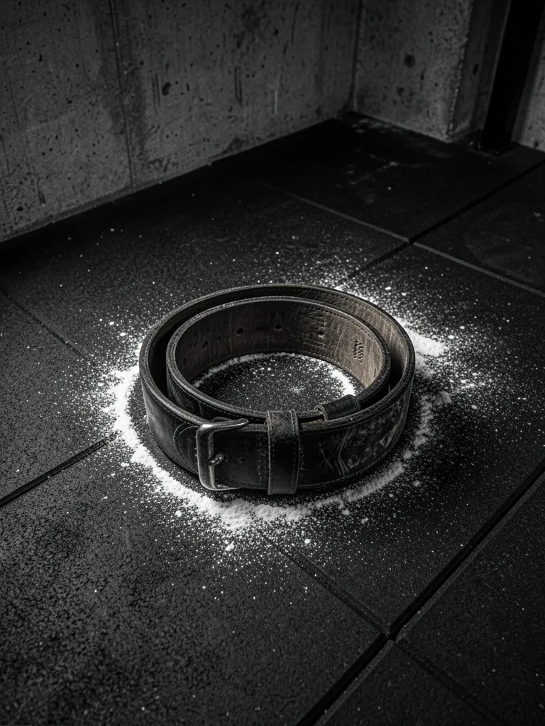 A leather lifting belt on the chalky floor