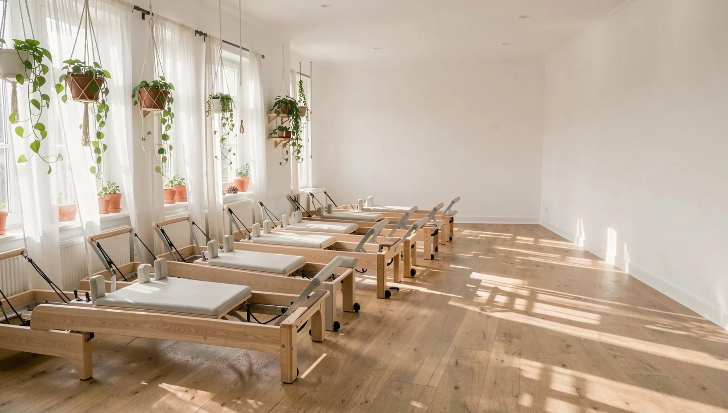 Two rows of wooden reformers by the studio's tall windows