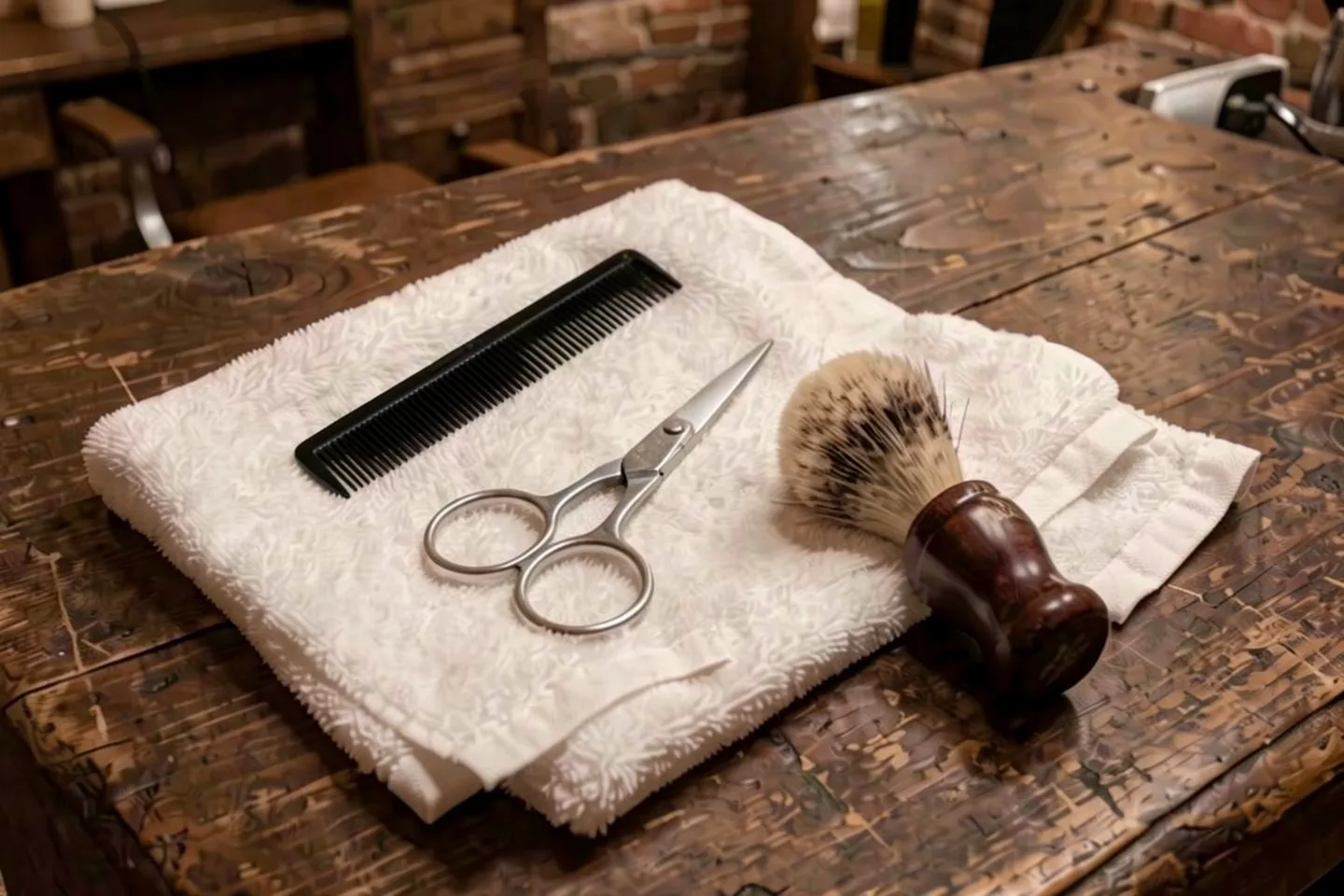 Comb, scissors and a shaving brush on a folded towel