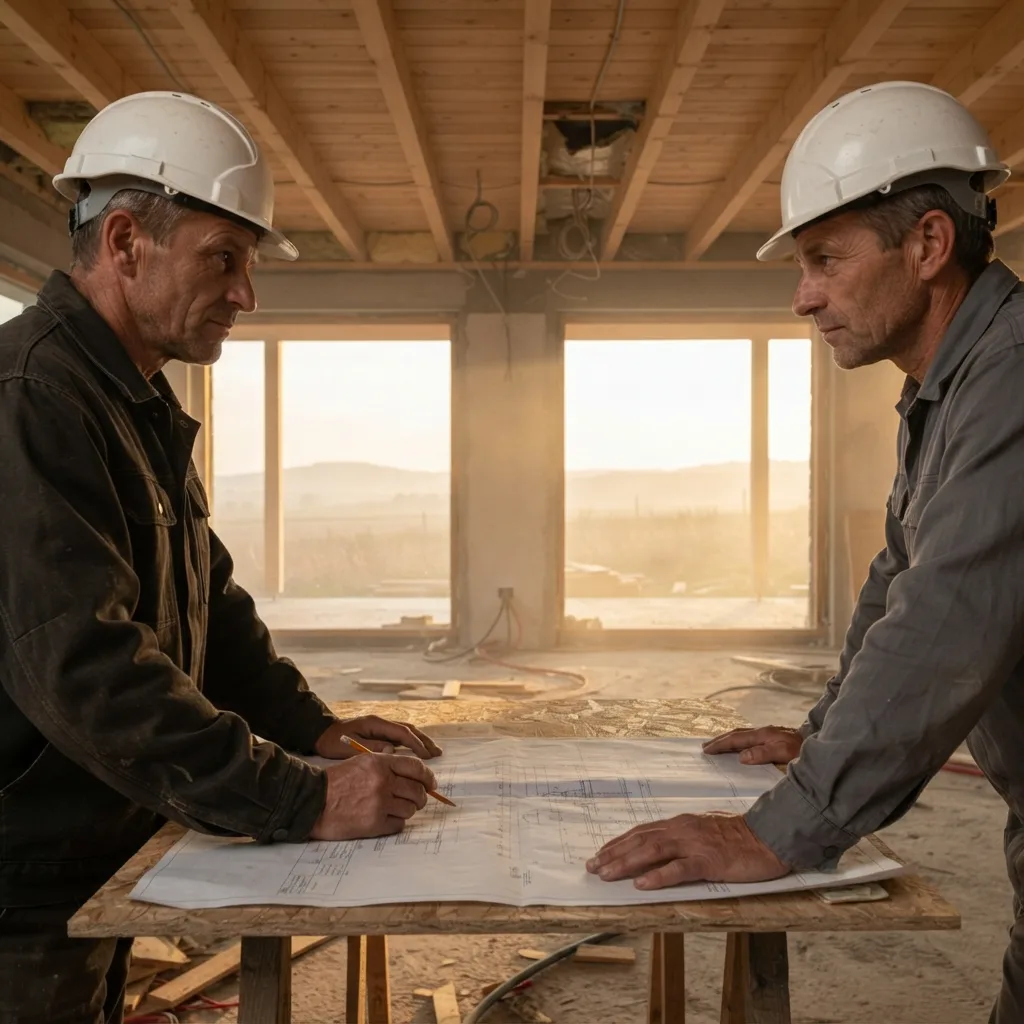 Two of our builders in hard hats going over drawings on the site table
