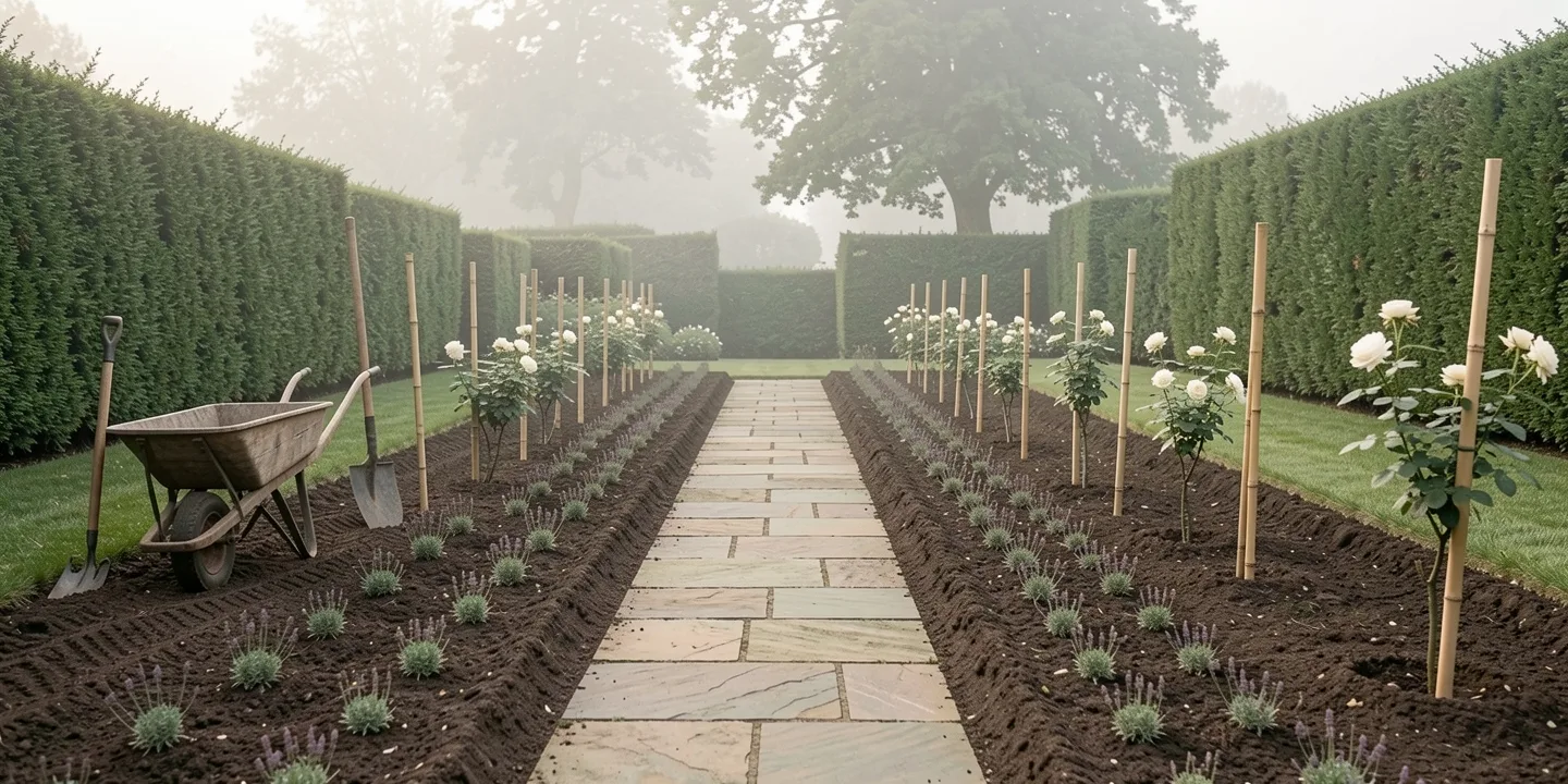 A stone path between two newly planted borders of young lavender and staked roses