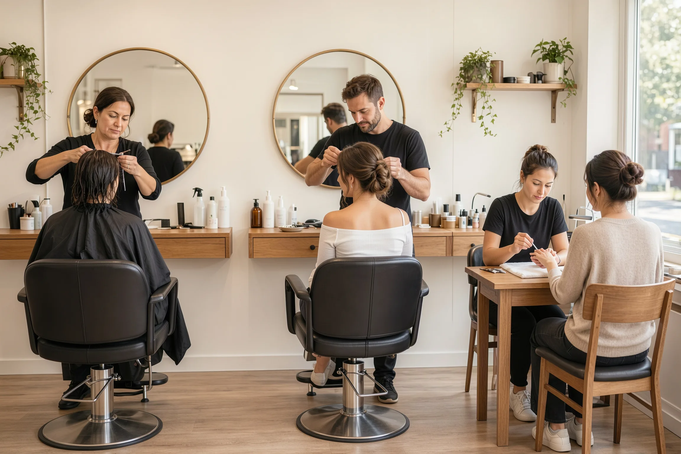 Wren on a weekday: a stylist cutting a client's damp hair at a round brass mirror, another pinning a bride's hair up at the next mirror, and a manicure at the nail table by the window