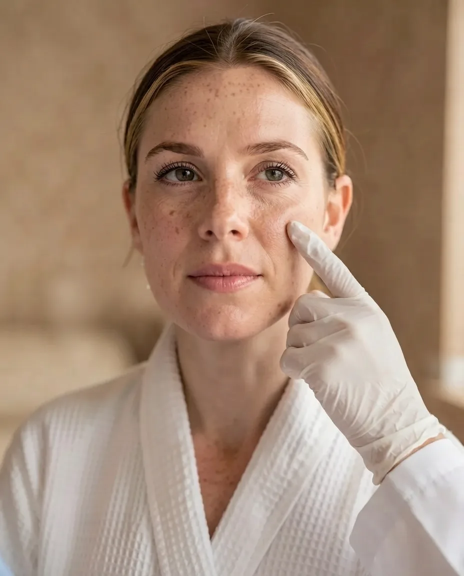 A gloved fingertip at a patient's cheekbone