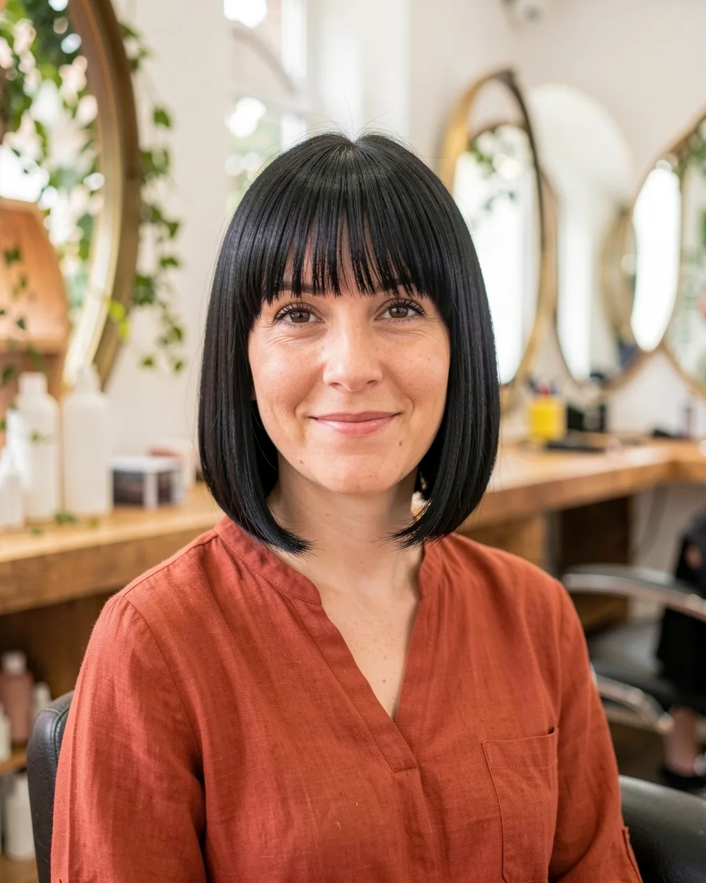 A woman with a sleek black chin-length bob and a fringe