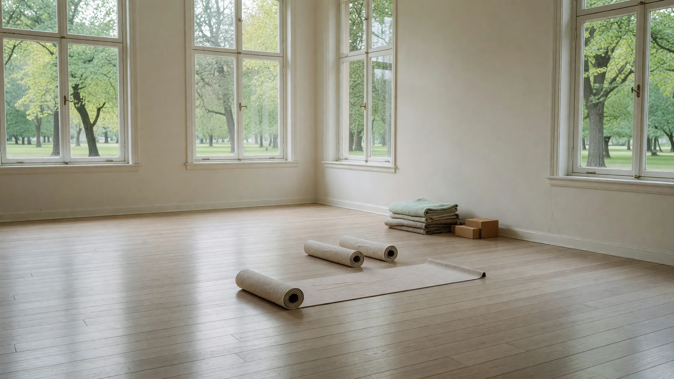 The studio's oak floor with linen mats, blankets and blocks, and tall windows onto the park
