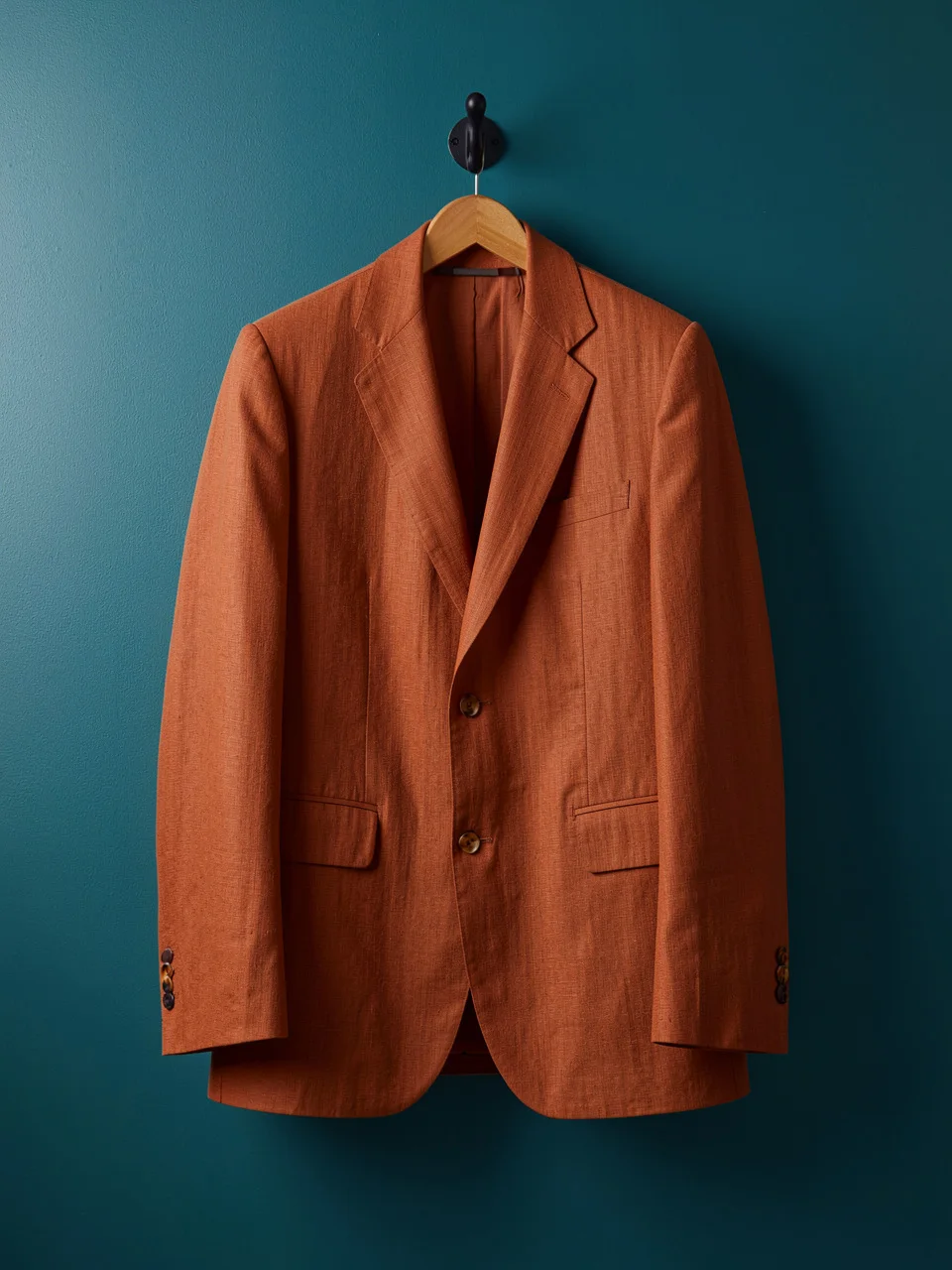 A rust linen jacket on a wall peg